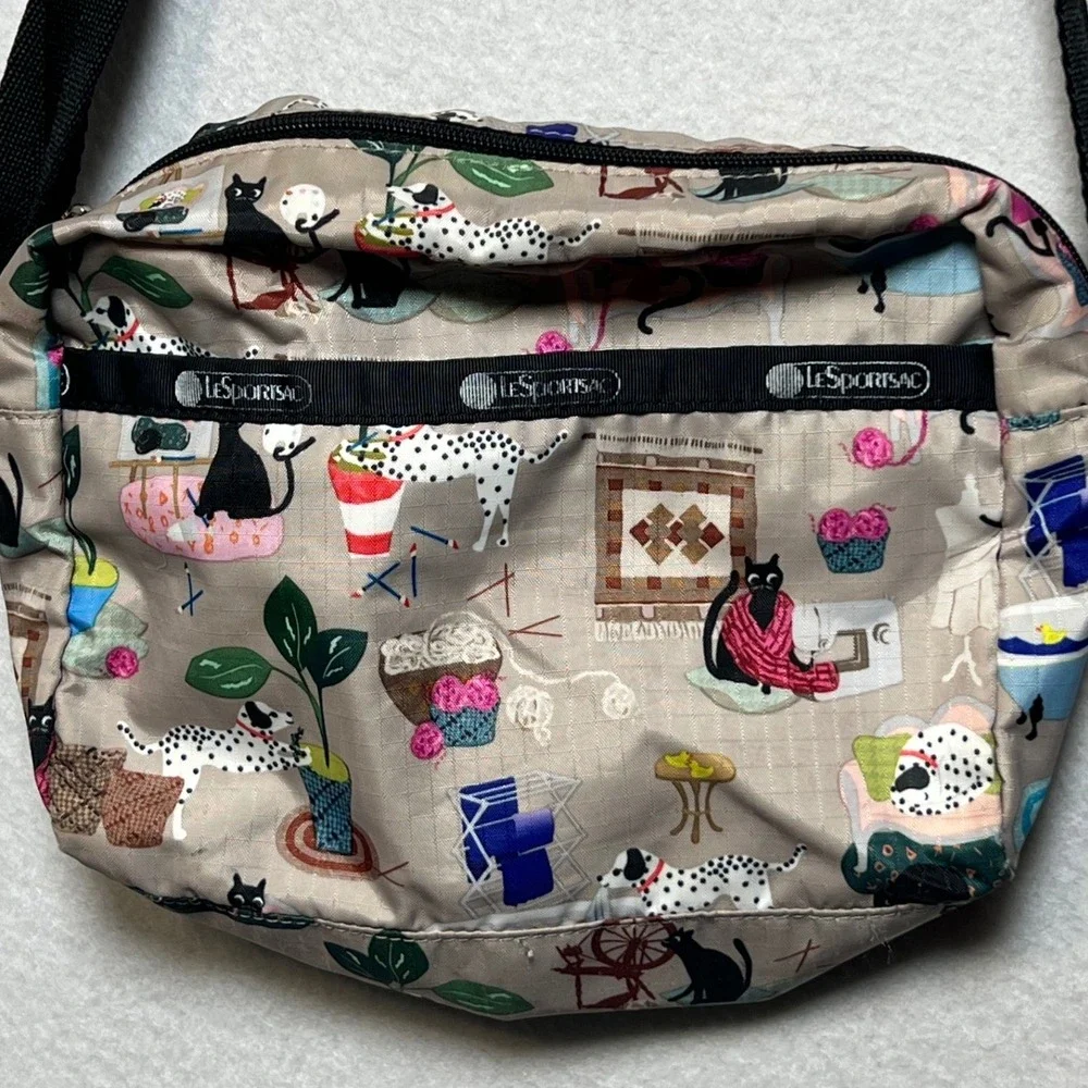 LeSportsac Womens Crossbody Bag Cat Dog Novelty Print Small Tan Nylon Messenger